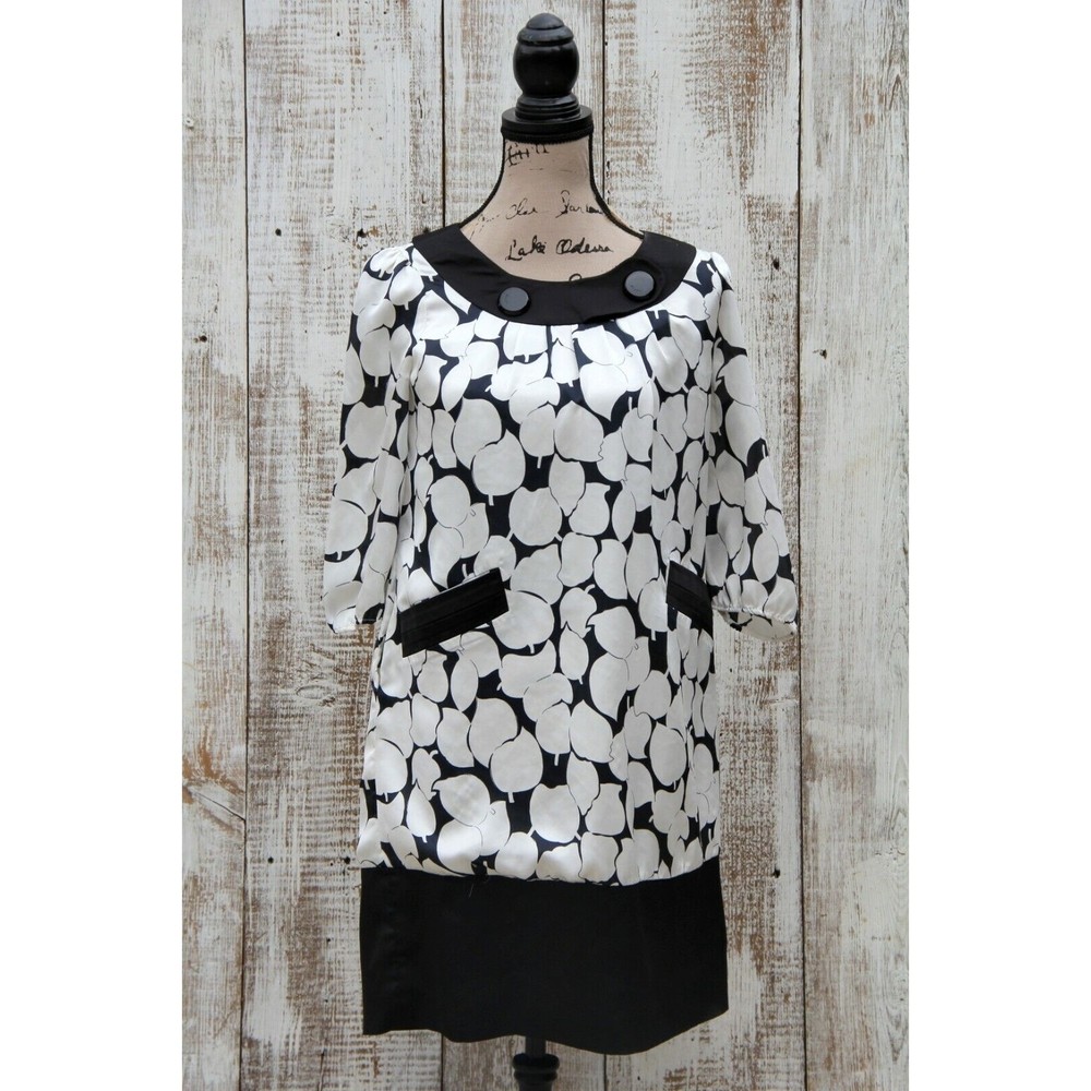 SATIN Women's Size (8) M White Black Leaves Pattern Tunic Dress Blouse